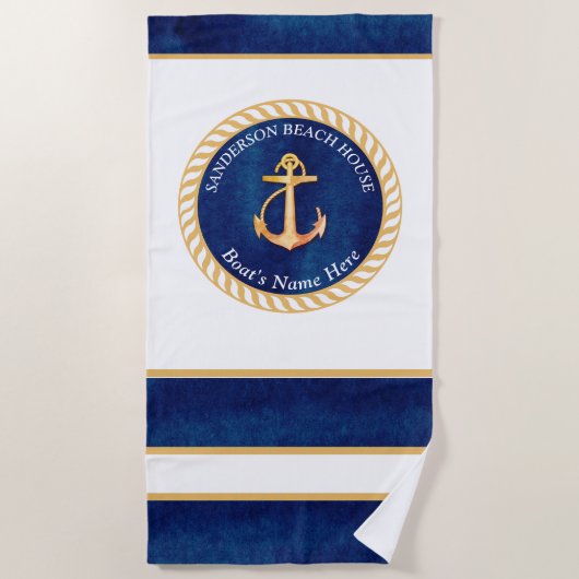 Nautic Boat Name Anchor Rope Navy Blue Yellow Strandtuch (Vorderseite)