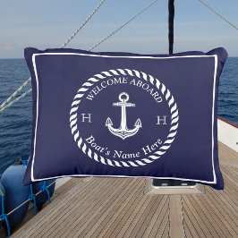 Nautic Boat Name Anchor Rope Navy White Kissen Für Draußen