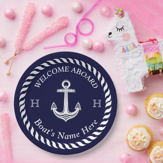 Nautic Boat Name Anchor Rope Navy White Pappteller (Party)