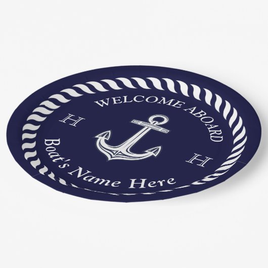 Nautic Boat Name Anchor Rope Navy White Pappteller (Schrägansicht)