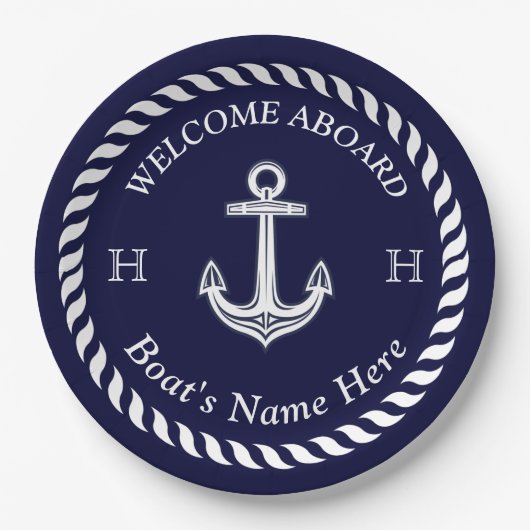 Nautic Boat Name Anchor Rope Navy White Pappteller (Vorderseite)