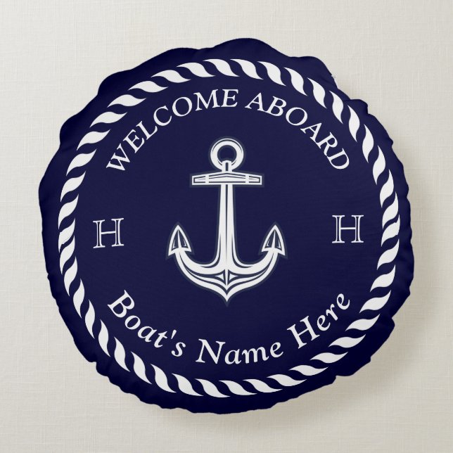 Nautic Boat Name Anchor Rope Navy White Rundes Kissen (Rückseite)