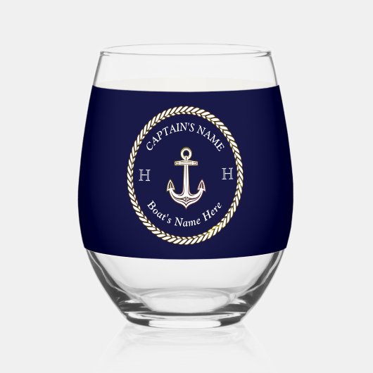 Nautic Boat Name Anchor Rope Navy White Weinglas Ohne Stiel (Rückseite)