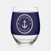 Nautic Boat Name Anchor Rope Navy White Weinglas Ohne Stiel (Links)