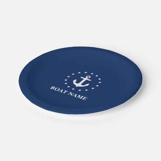 Nautic Boat Name Anchor Stars Navy Blue Pappteller (Schrägansicht)