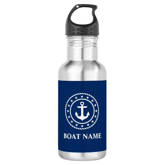 Nautic Boat Name Stars Rope Anchor Navy Blue Edelstahlflasche (Vorderseite)