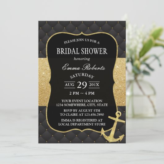 Nautic Brautparty Golden Anchor Black & Gold Einladung (Stehend Vorderseite)