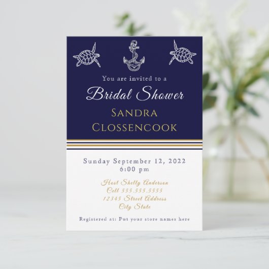 Nautic Brautparty Navy Blue Turtles Anchor Einladung (Stehend Vorderseite)