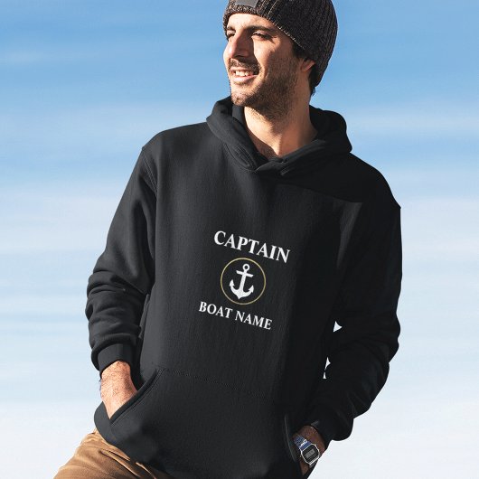 Nautic Captain Boat Name Anchor Gold Blk Hoodie