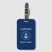 Nautic Captain Boat Name Anchor Rope Navy Blue Gepäckanhänger (Vorderseite Vertikal)