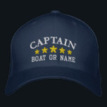 Nautic Captain Boat Name Navy Blue Gold Star Hat Bestickte Baseballkappe<br><div class="desc">Segeln Sie stilvoll mit einem personalisierten bestickten Hut mit Ihrem Captain Rank oder einem anderen gewünschten Titel zusammen mit Ihrem Namen oder Boat Name in Silber und fünf goldenen Sternen. Verschiedene Kappe- und Gewindelfarben zur Auswahl. Ein tolles Geschenk für Väter Tag,  Geburtstag oder jede Gelegenheit.</div>