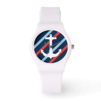 Nautic chic anker marineblau rote Streifen Armbanduhr