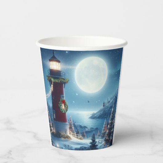 Nautic Christmas Leuchtturm Pappbecher (Rückseite)