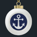 Nautic Christmas Ornament Ball<br><div class="desc">Nautische Weihnachtsschmuck - Weihnachtsbälle mit weißem Anker auf marineblau-blauem Hintergrund.</div>