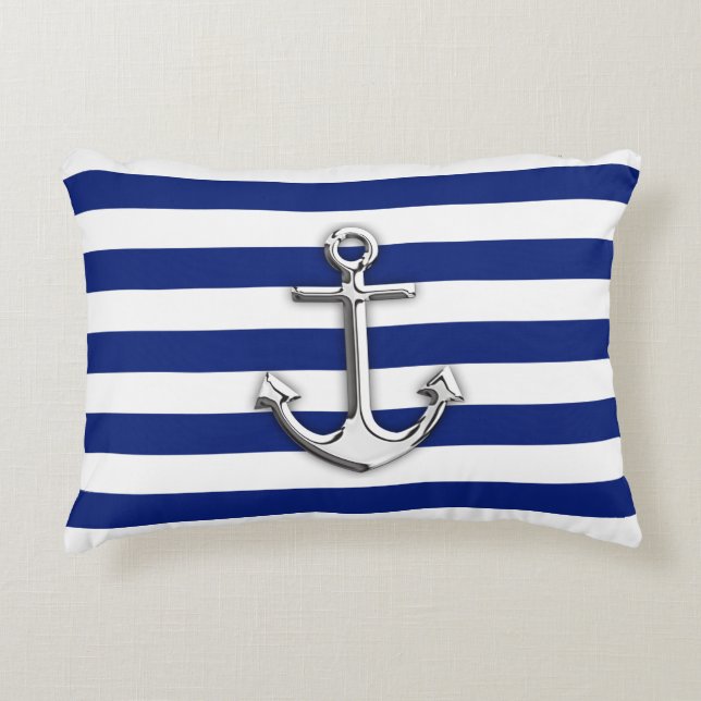 Nautic Chrome Anker auf Navy Stripes Print Dekokissen (Vorderseite)