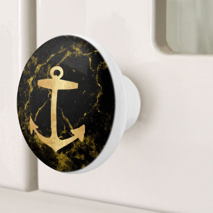 Nautic Coastal Beach Black Marble Golden Anchor Keramikknauf