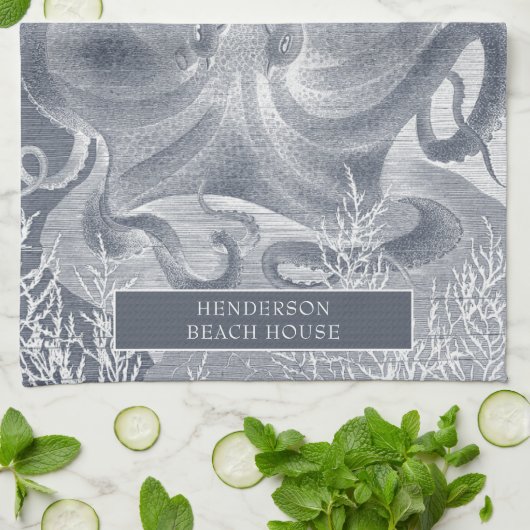 Nautic Coastal Beach House Blue White Octopus Geschirrtuch (Gefaltet)