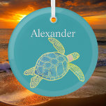 Nautic Coastal Sea Turtle Blue Yellow Aquamarin Ornament Aus Glas<br><div class="desc">Weihnachtsschmuck: Mit Monogramm mit dem Namen Custom Nautical Coastal Sea Turtle Aquamarin Blue Yellow Green</div>