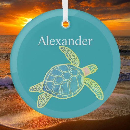 Nautic Coastal Sea Turtle Blue Yellow Aquamarin Ornament Aus Glas