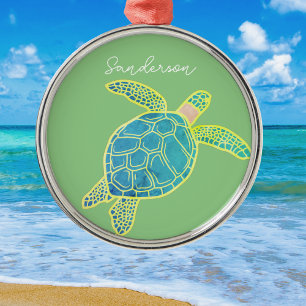 Nautic Coastal Sea Turtle Blue Yellow Green Ornament Aus Metall