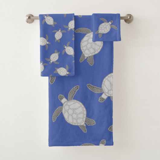 Nautic Coastal Silver Sea Turtle Blue Bath Badhandtuch Set (Insitu)
