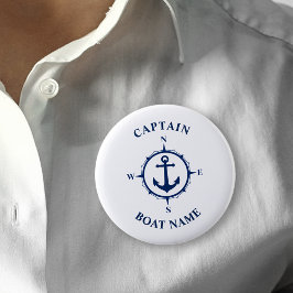 Nautic Compass Anchor Captain Boat Name Navy Button