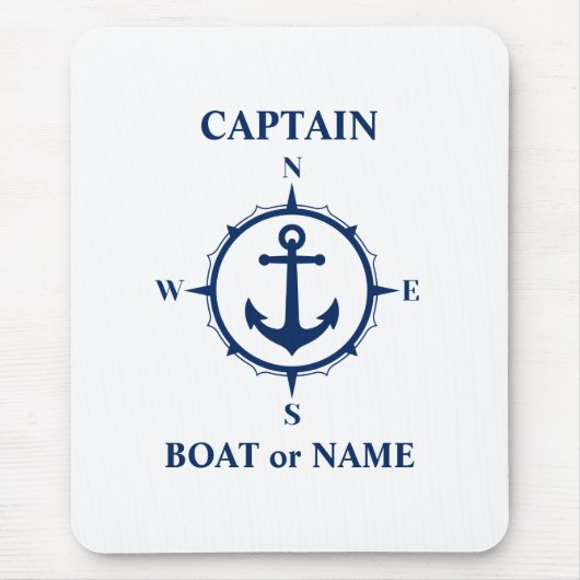 Nautic Compass Anchor Captain oder Bootsname Navy Mousepad (Vorne)