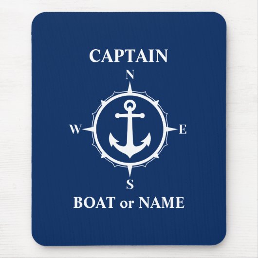 Nautic Compass Anchor Captain oder Bootsname Navy Mousepad (Vorne)