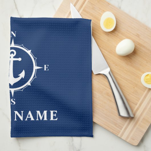 Nautic Compass Ankerplatz Ihr Boot Name Navy Blue Geschirrtuch (Viertel Falte)