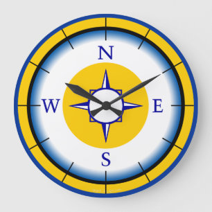 Nautic Compass Blue, White, Gold Wall Clock Große Wanduhr