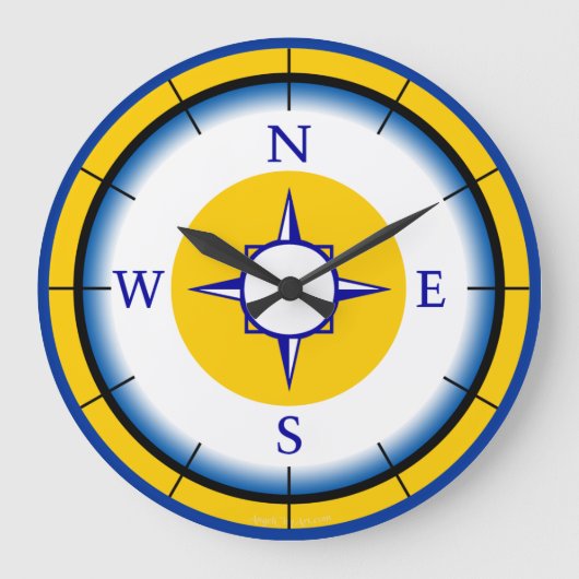 Nautic Compass Blue, White, Gold Wall Clock Große Wanduhr (Vorderseite)