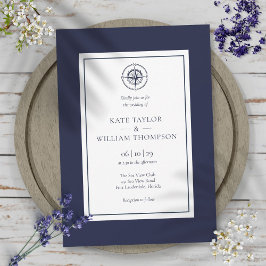 Nautic Compass Navy Blue and White Wedding Einladung