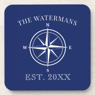 Nautic Compass Rose Family Name Navy Blue Getränkeuntersetzer