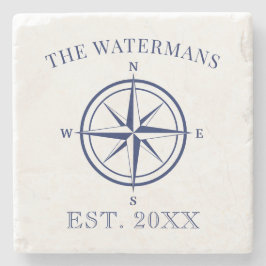 Nautic Compass Rose Navy Blue Familienname Steinuntersetzer