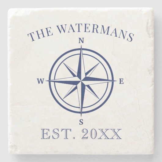 Nautic Compass Rose Navy Blue Familienname Steinuntersetzer (Vorderseite)