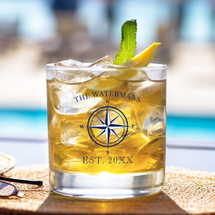 Nautic Compass Rose Navy Blue Familienname Whiskyglas