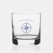 Nautic Compass Rose Navy Blue Familienname Whiskyglas (Vorderseite)