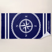 Nautic Compass Star Rose Marine blau und weiß Strandtuch (Vorderseite)