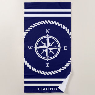 Nautic Compass Star Rose Marine blau und weiß Strandtuch