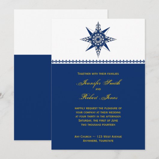 Nautic Compass Yellow Wedding Einladung (Vorne/Hinten)