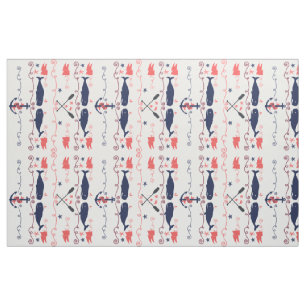 Nautic Coral Orange Navy Whales Ropes und Banner Stoff