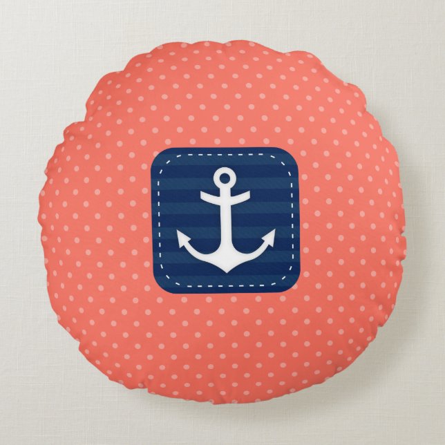 Nautic Coral Polka Dot Pattern Navy Blue Anchor Rundes Kissen (Vorderseite)