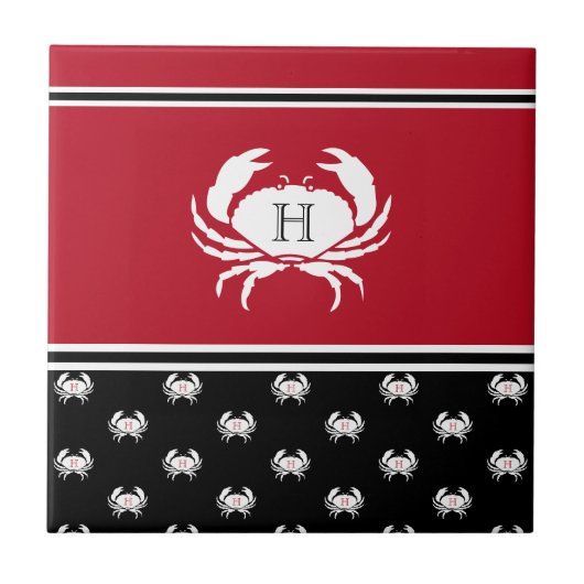 Nautic Crab Mit Monogramm Red Schwarz-weiß Fliese (Vorderseite)