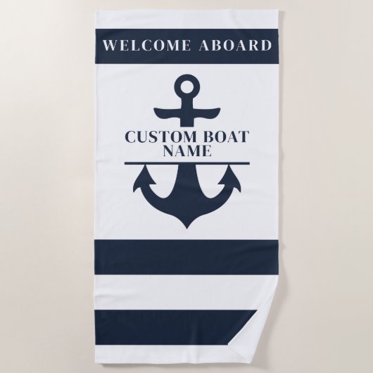 Nautic Custom Boat Name Anchor Navy Strichen Strandtuch (Vorderseite)