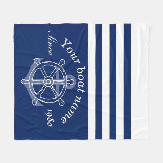 Nautic Custom Boat Name Anchor Wheel Navy Blue Fleecedecke (Vorderseite (Horizontal))
