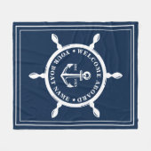Nautic Custom Boat Name Anchor Wheel Navy Blue Fleecedecke (Vorderseite (Horizontal))