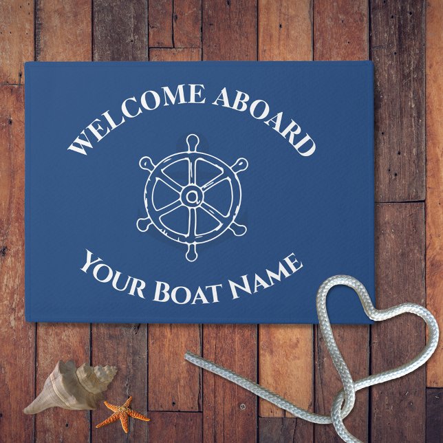 Nautic Custom Boat Name Anchor Wheel Navy Blue Fußmatte (Von Creator hochgeladen)