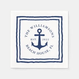Nautic Custom Family Name White Navy Blue Anchor Serviette