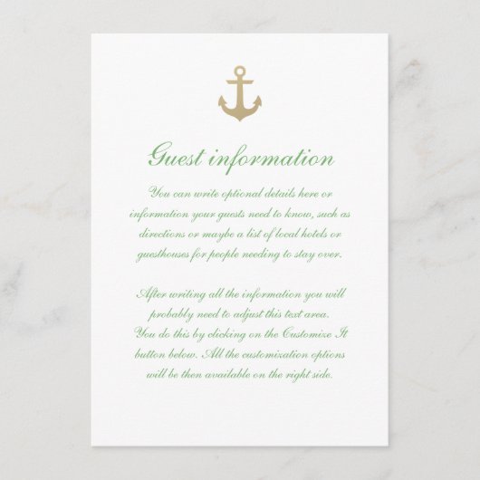 Nautic Custom Minze White Wedding Card Begleitkarte (Vorderseite)