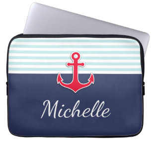 Nautic Dark Blue Red Design Individuelle Name Laptopschutzhülle